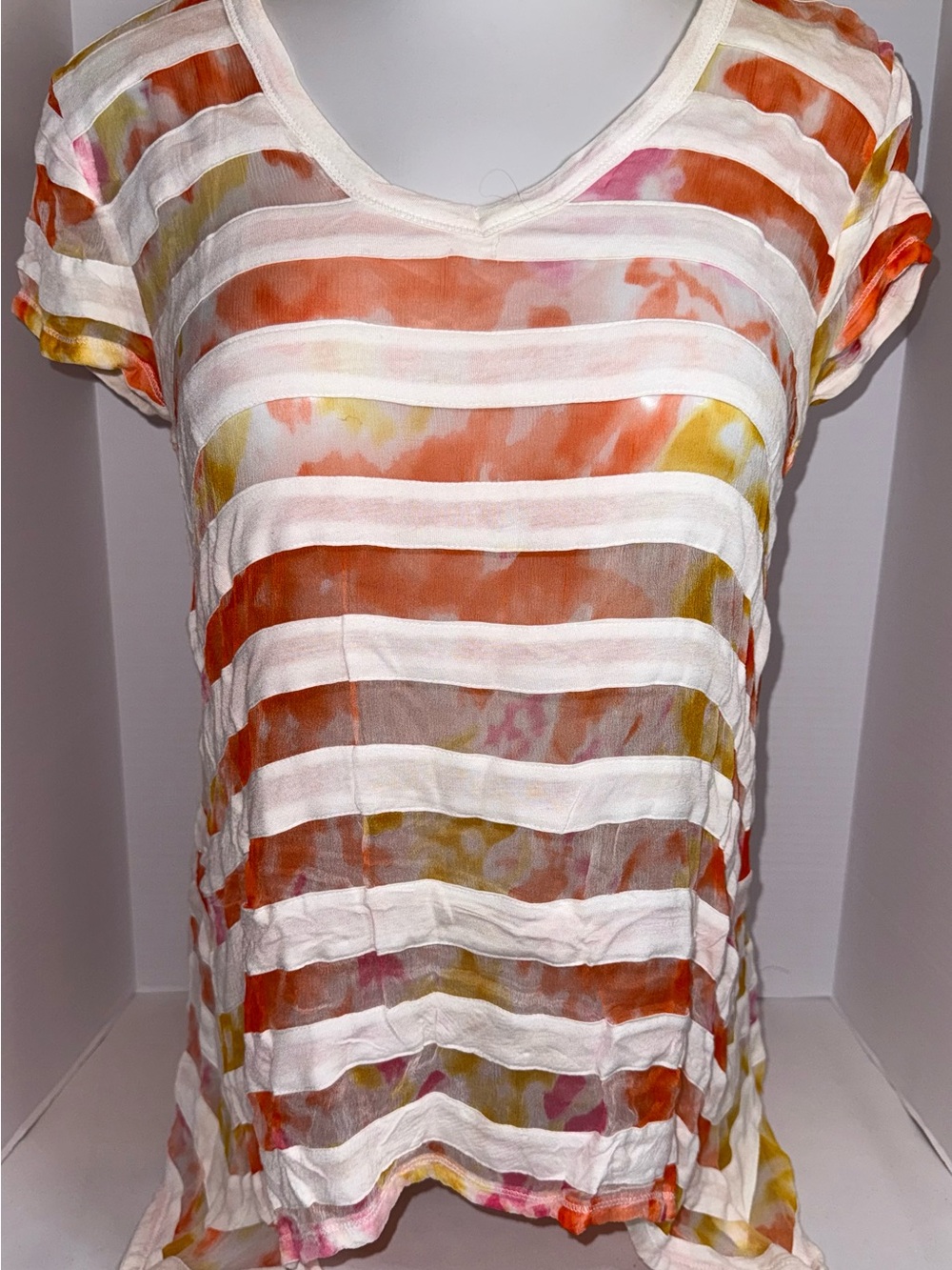 Casual Studio Sheer Striped V-Neck Women's Top in Orange & White size Small